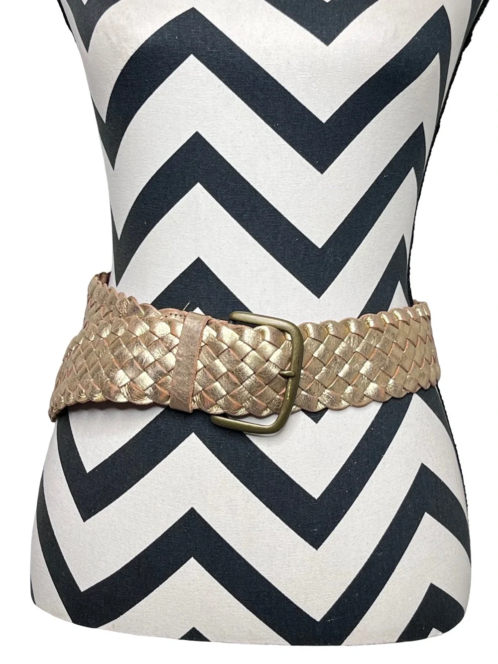 Fossil Metallic Gold Genuine Leather Woven Braided Boho Brass Buckle Belt Sz S
